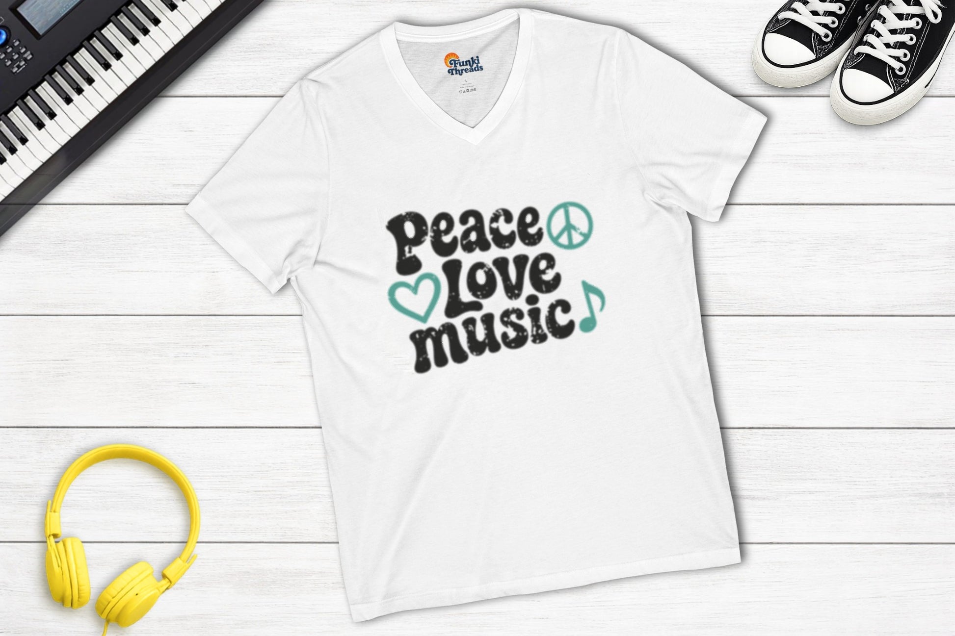 Peace, Love, Music V-Neck in White