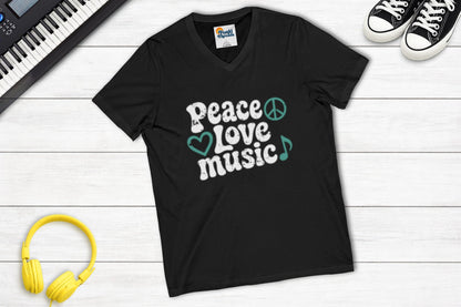 Peace, Love, Music V-Neck in Black