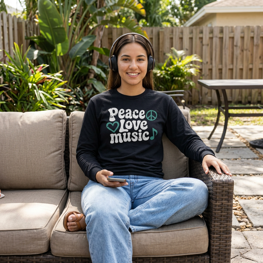 Peace, Love, Music Long Sleeve in Black
