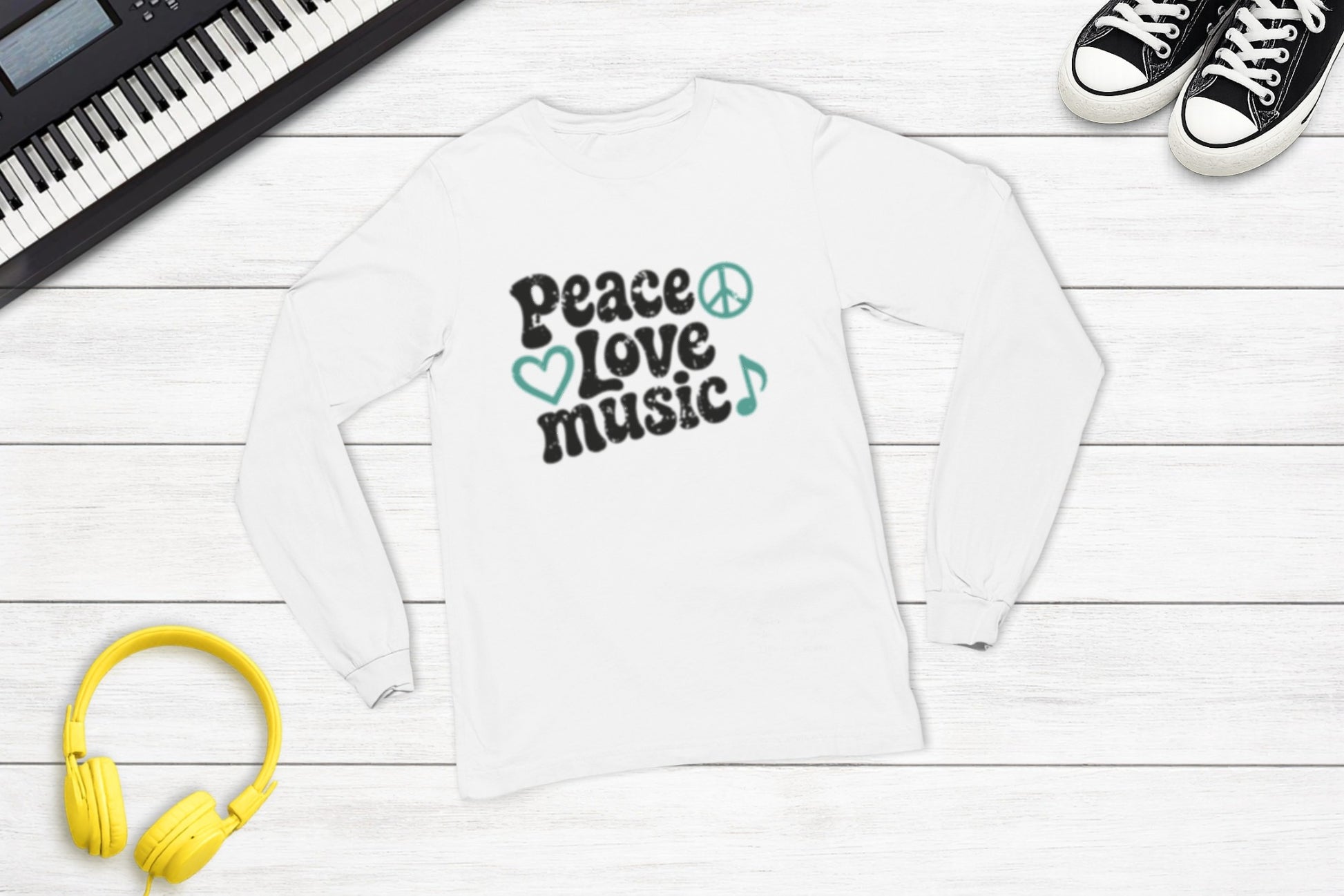 Peace, Love, Music Long Sleeve in White