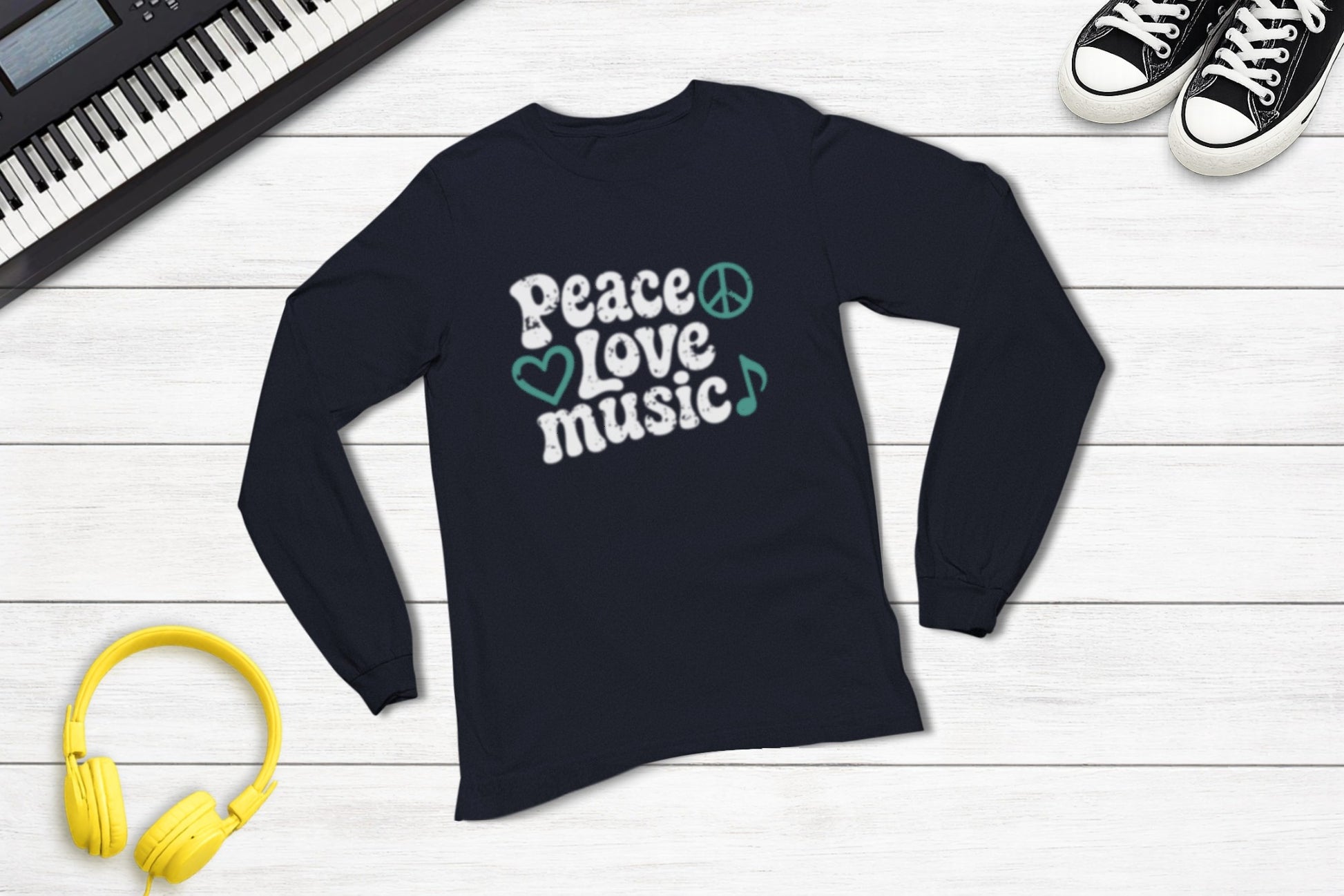 Peace, Love, Music Long Sleeve in Navy