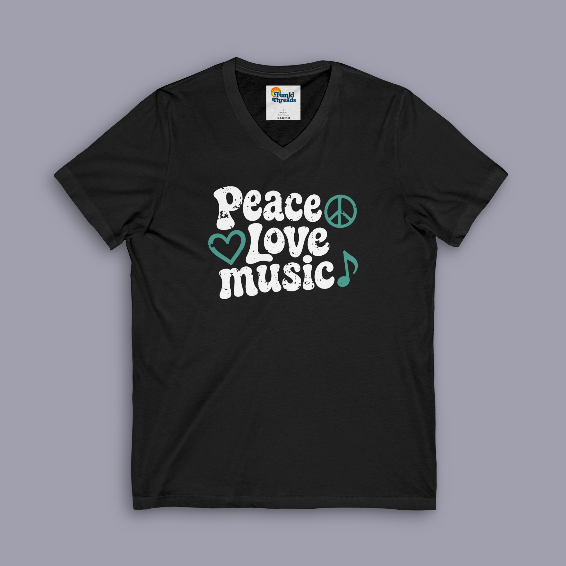 Peace, Love, Music V-Neck lifestyle – good vibes music tee