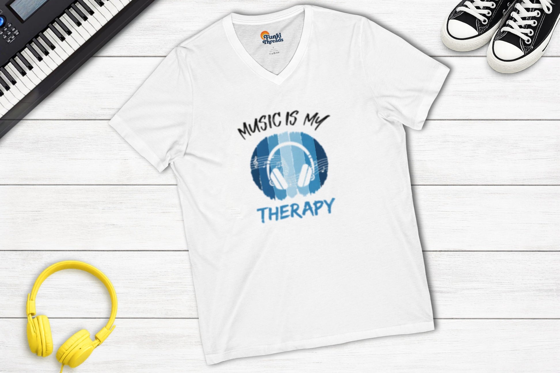 Music Is My Therapy V-Neck in White