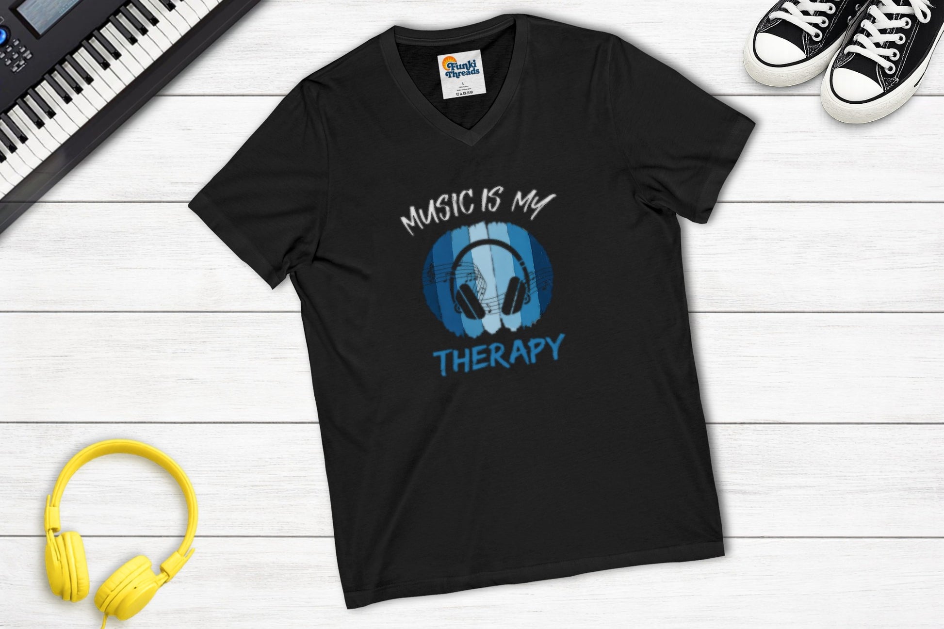 Music Is My Therapy V-Neck in Black