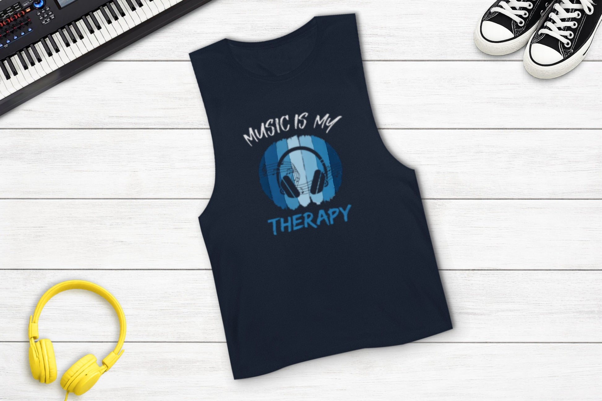 Music Is My Therapy Sleeveless Tank in Navy