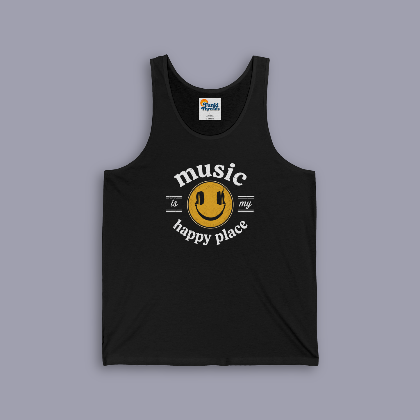 Music Is My Happy Place music tank shown on gray mockup