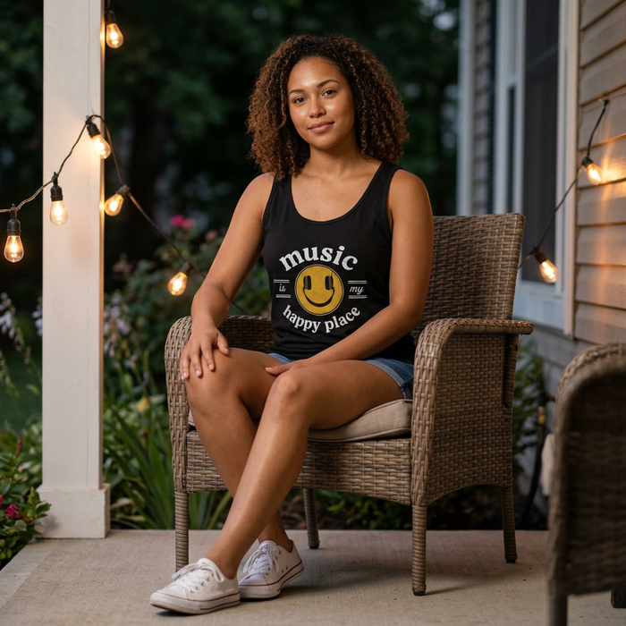 Music Is My Happy Place music tank top in black