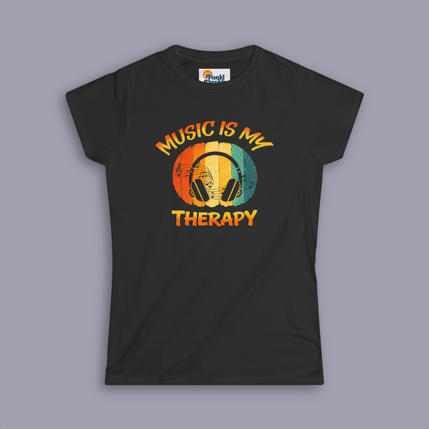 Music Is My Therapy Retro Sunset women's music tee on gray mockup