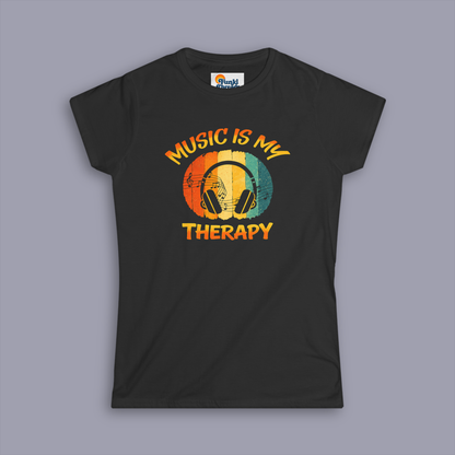 Music Is My Therapy Retro Sunset women's music tee on gray mockup