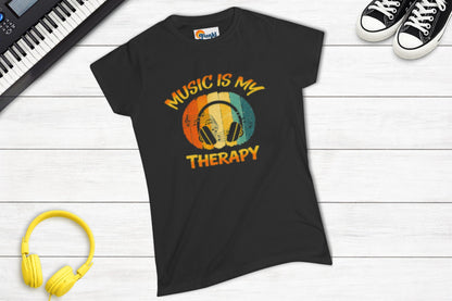 Music Is My Therapy Retro Sunset women's music tee — lifestyle photo
