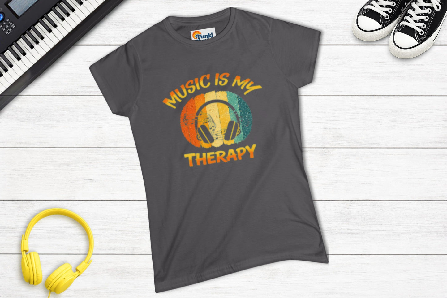 Music Is My Therapy Retro Sunset women's fitted music tee in charcoal