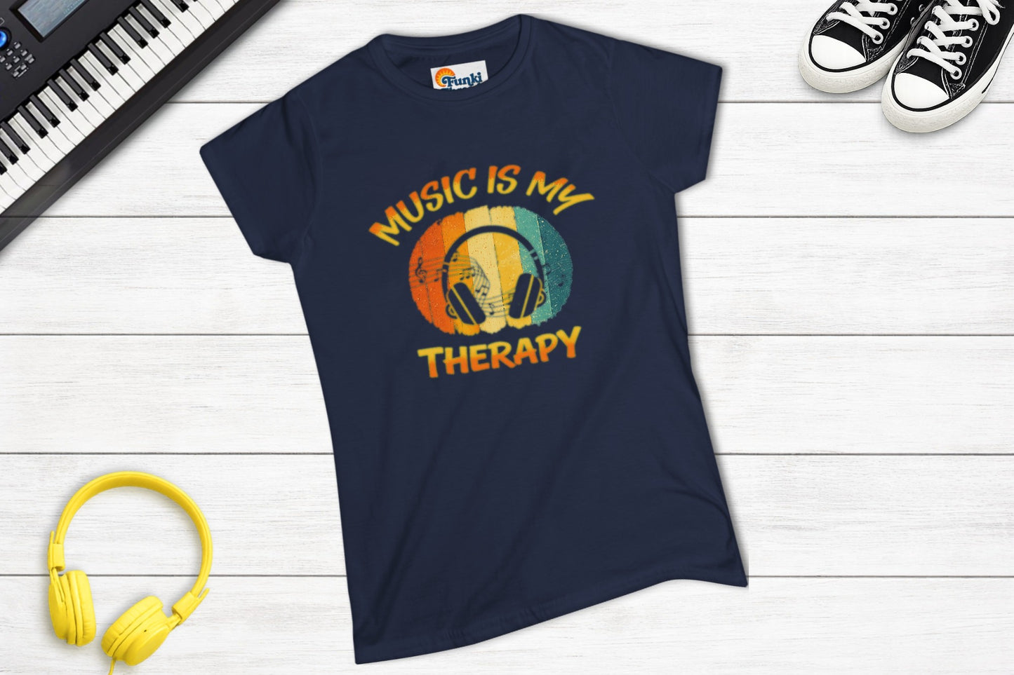 Music Is My Therapy Retro Sunset women's fitted music tee in navy