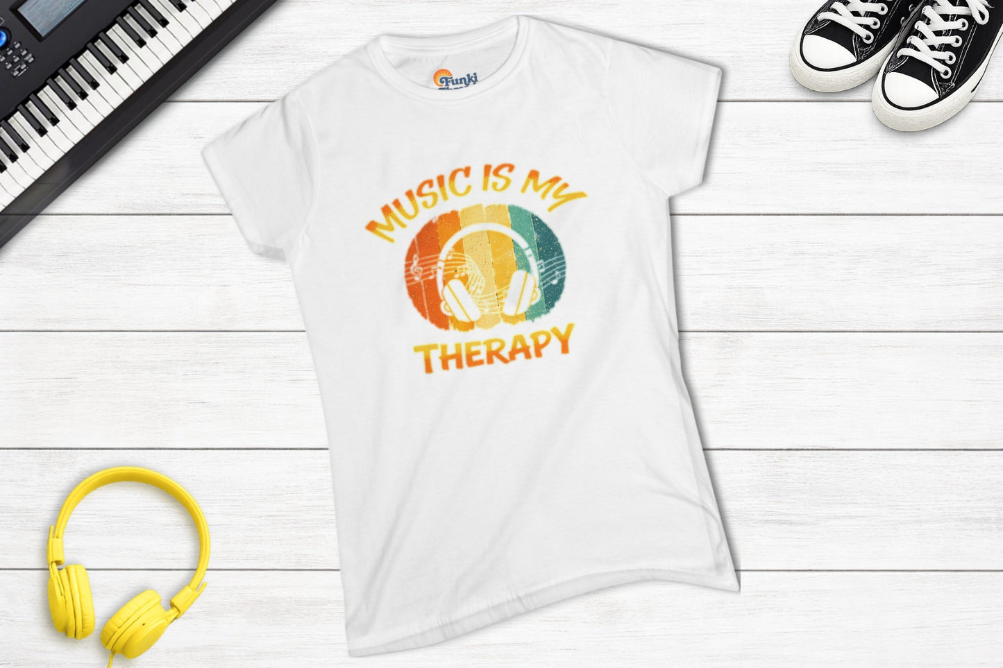 Music Is My Therapy Retro Sunset women's fitted music tee in white