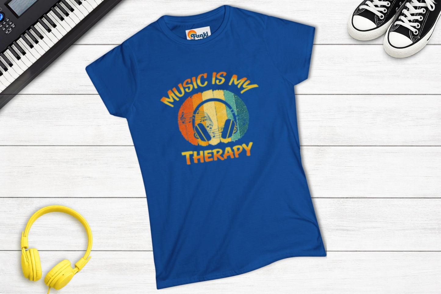 Music Is My Therapy Retro Sunset women's fitted music tee in royal blue