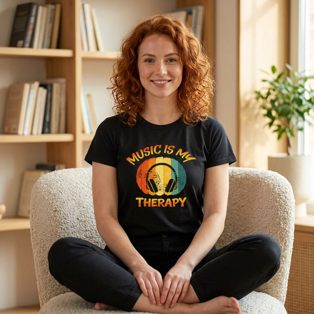 Music Is My Therapy Retro Sunset women's fitted music tee in black