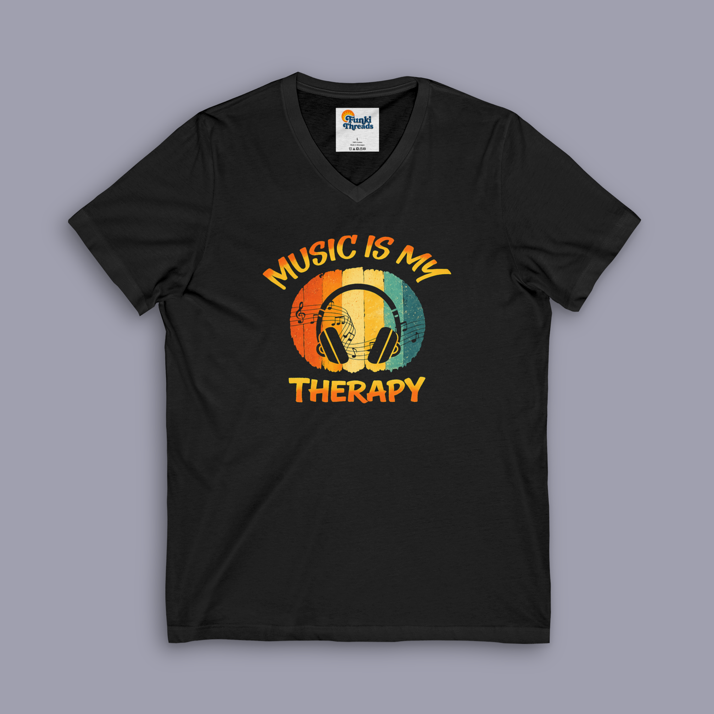 Music Is My Therapy Retro Sunset V-neck music tee on gray mockup