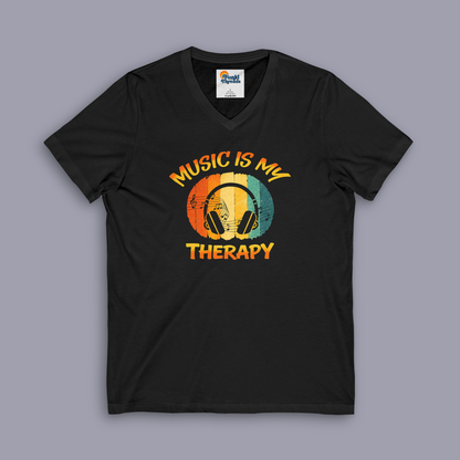 Music Is My Therapy Retro Sunset V-neck music tee on gray mockup