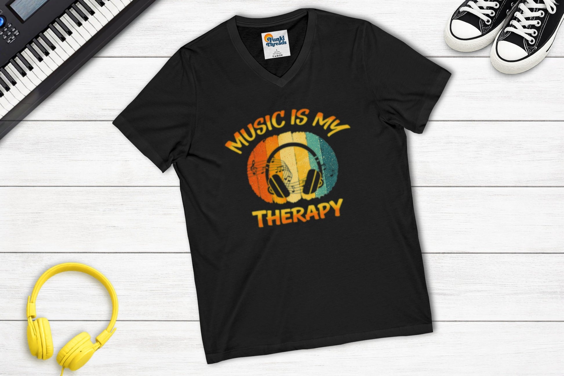Music Is My Therapy Retro Sunset V-neck music tee in black