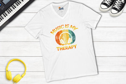 Music Is My Therapy Retro Sunset V-neck music tee in white