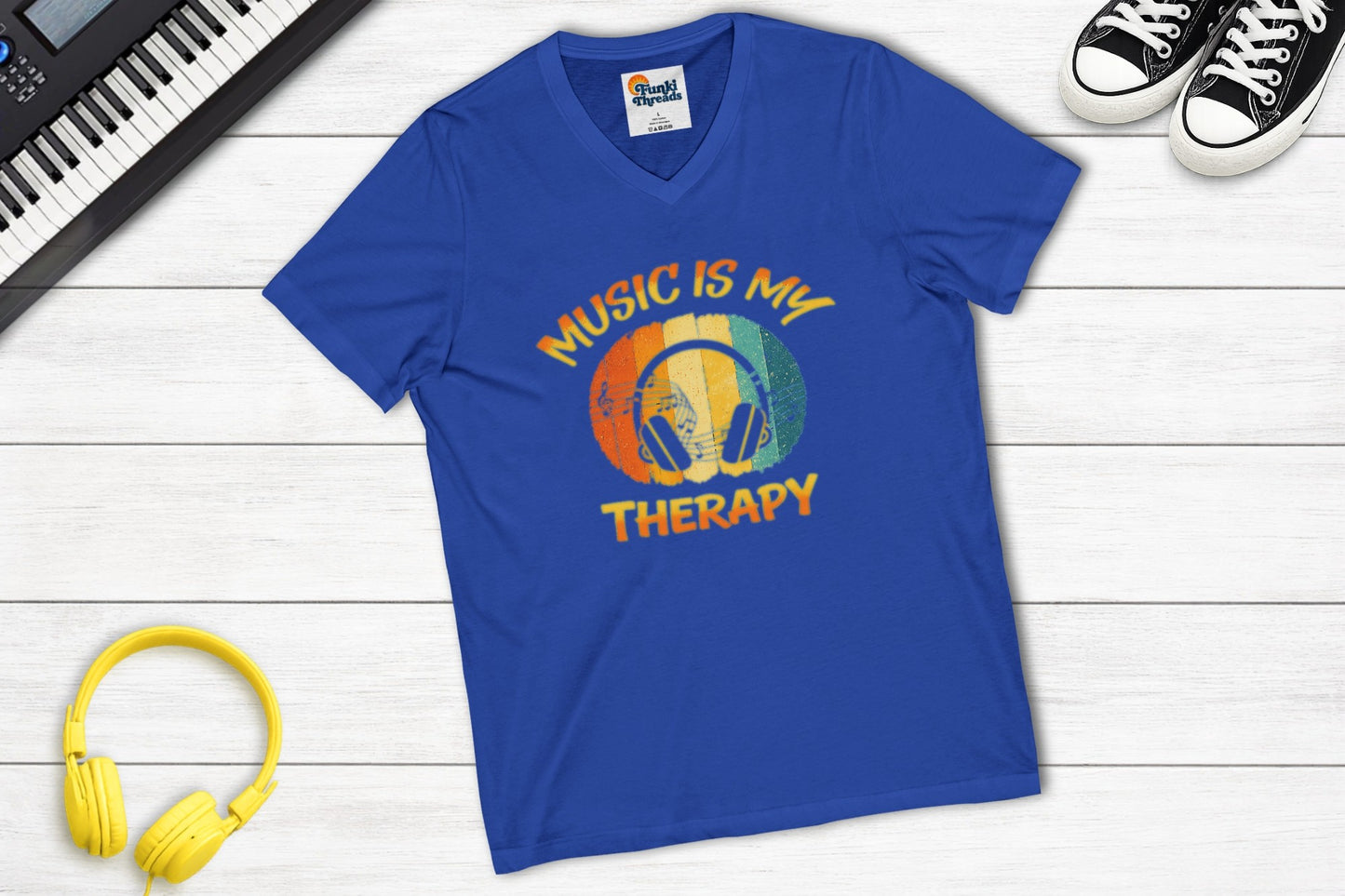 Music Is My Therapy Retro Sunset V-neck music tee in royal blue