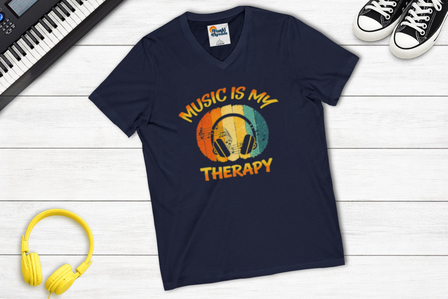 Music Is My Therapy Retro Sunset V-neck music tee in navy