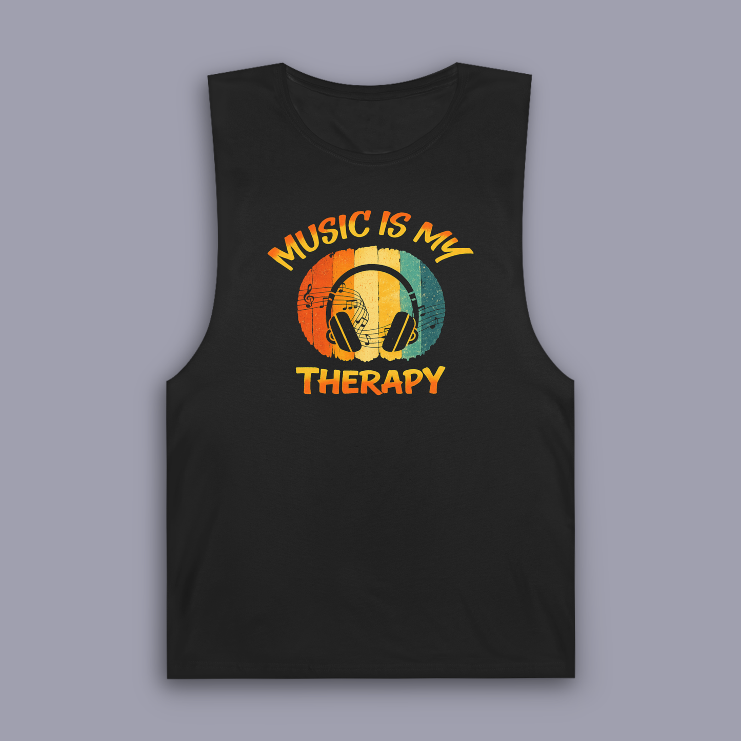 Music Is My Therapy Retro Sunset sleeveless music tank on gray mockup