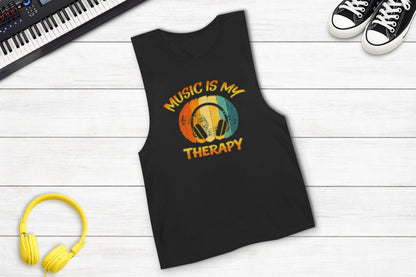 Music Is My Therapy Retro Sunset sleeveless music tank — lifestyle photo