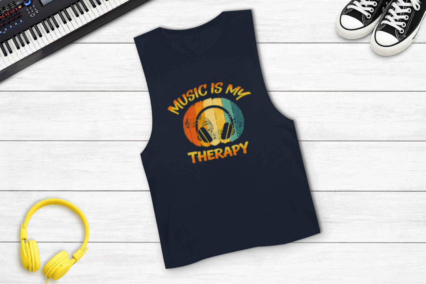 Music Is My Therapy Retro Sunset sleeveless music tank in navy