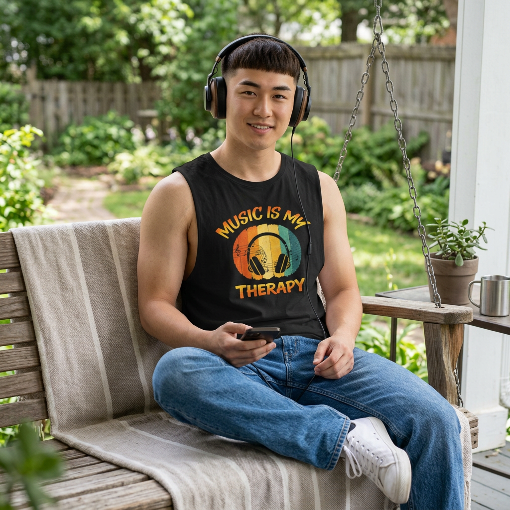 Music Is My Therapy Retro Sunset sleeveless music tank in black