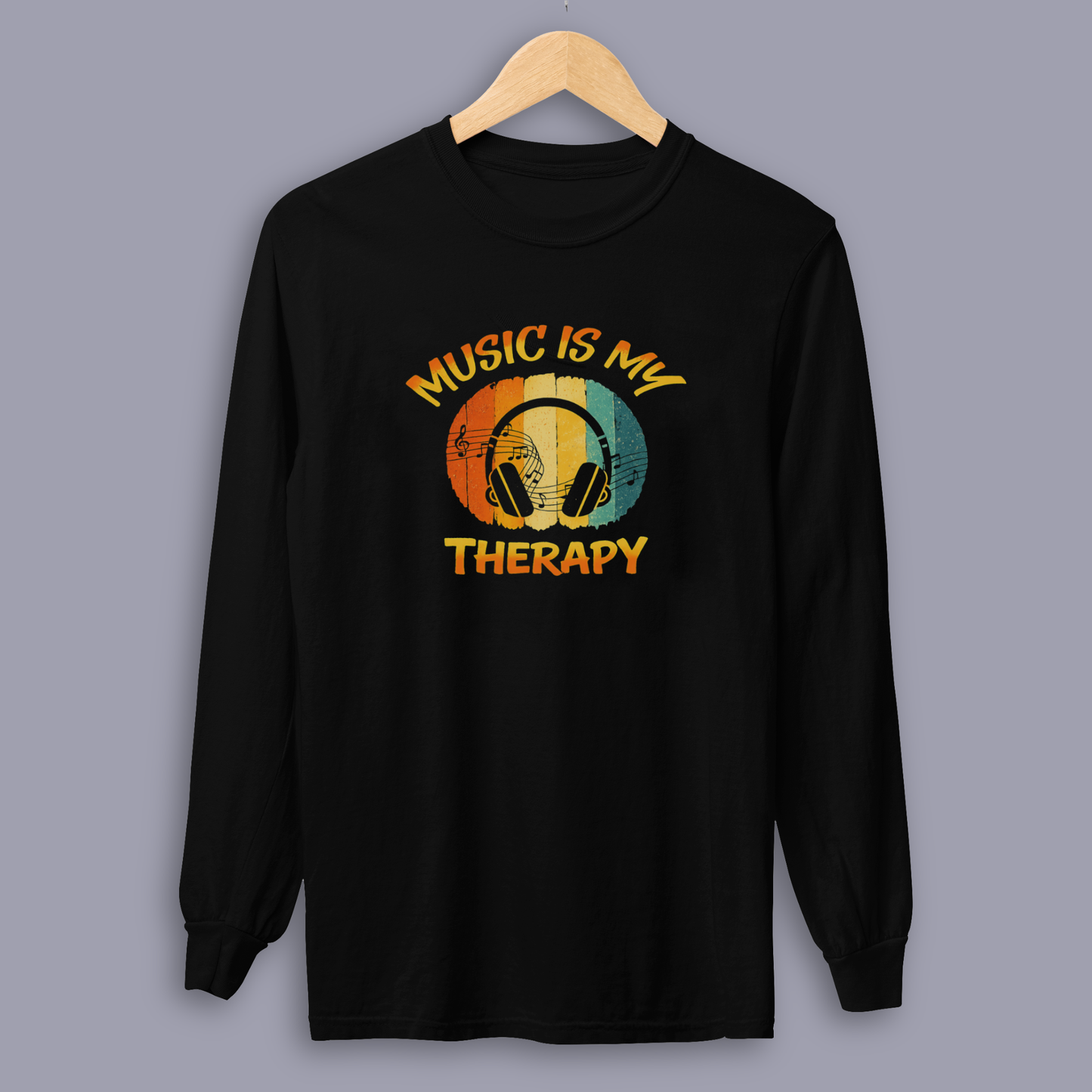 Music Is My Therapy Retro Sunset long sleeve music tee on gray mockup