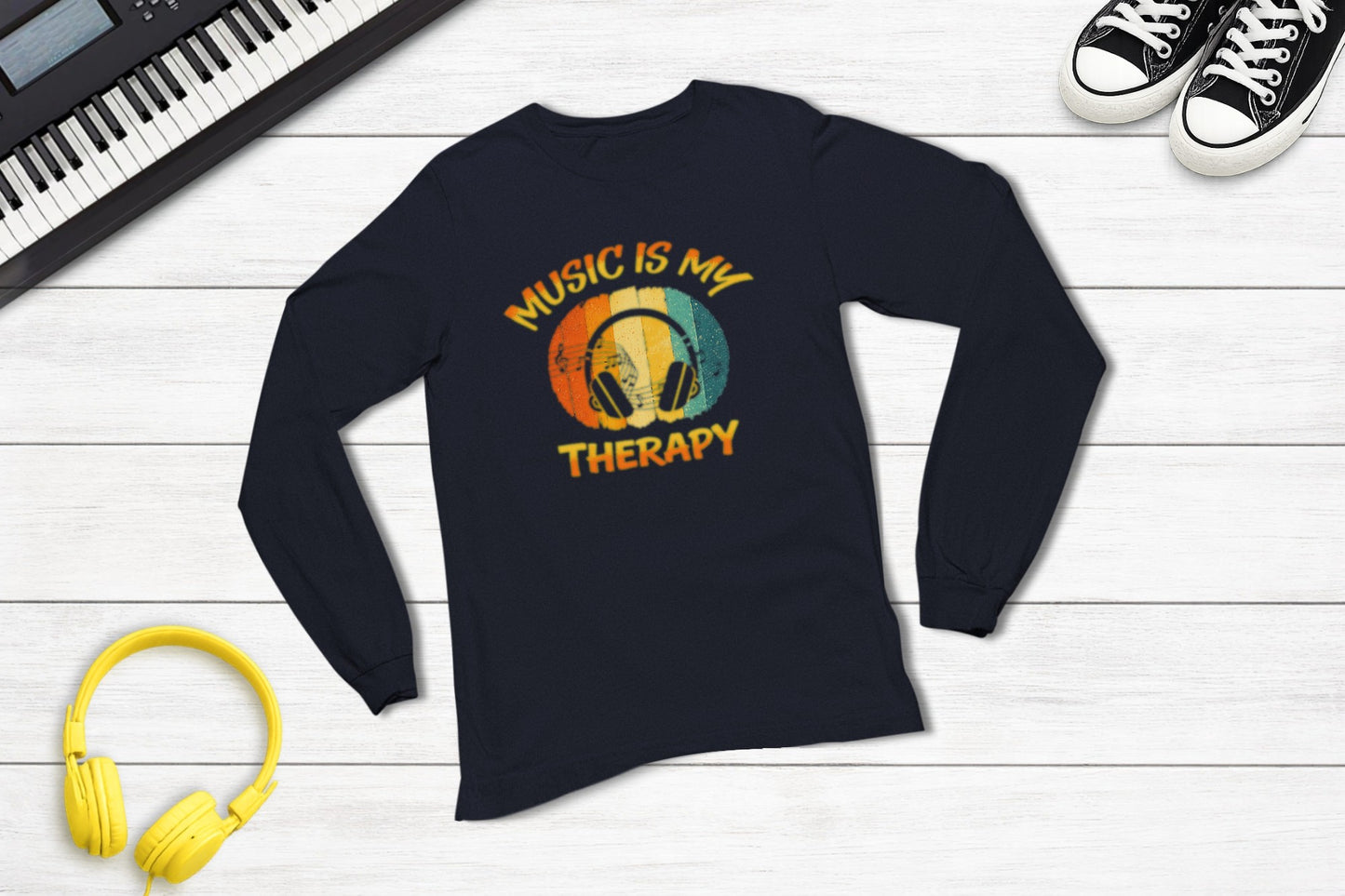 Music Is My Therapy Retro Sunset long sleeve music tee in navy