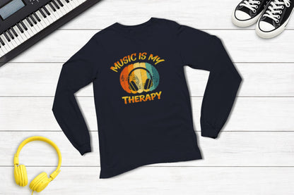 Music Is My Therapy Retro Sunset long sleeve music tee in navy