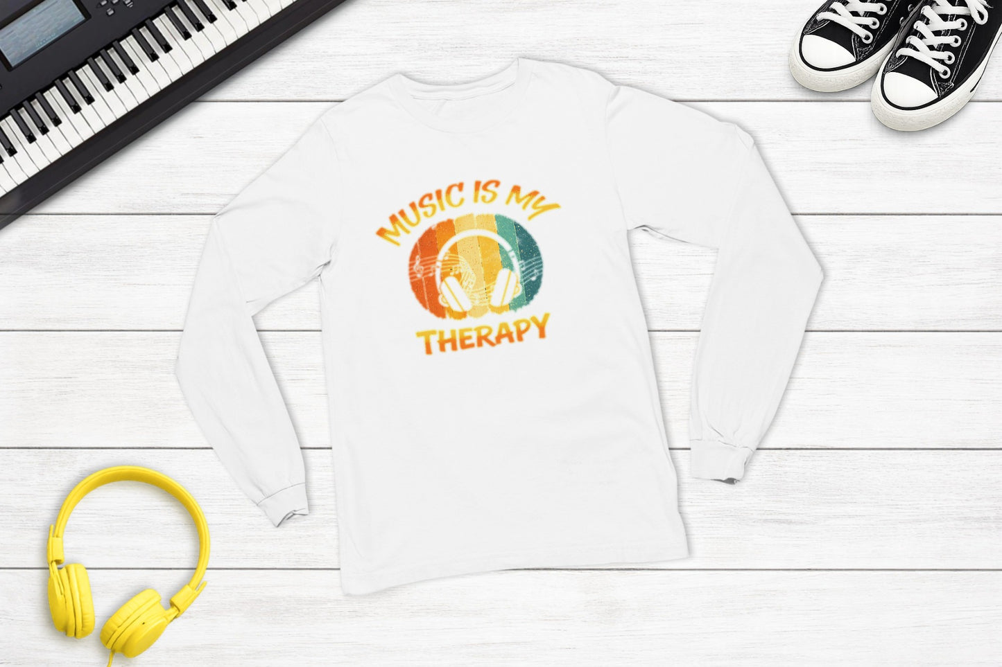 Music Is My Therapy Retro Sunset long sleeve music tee in white