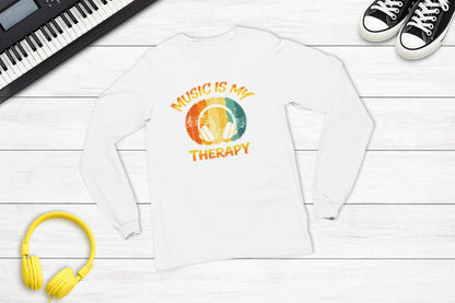 Music Is My Therapy Retro Sunset long sleeve music tee in white