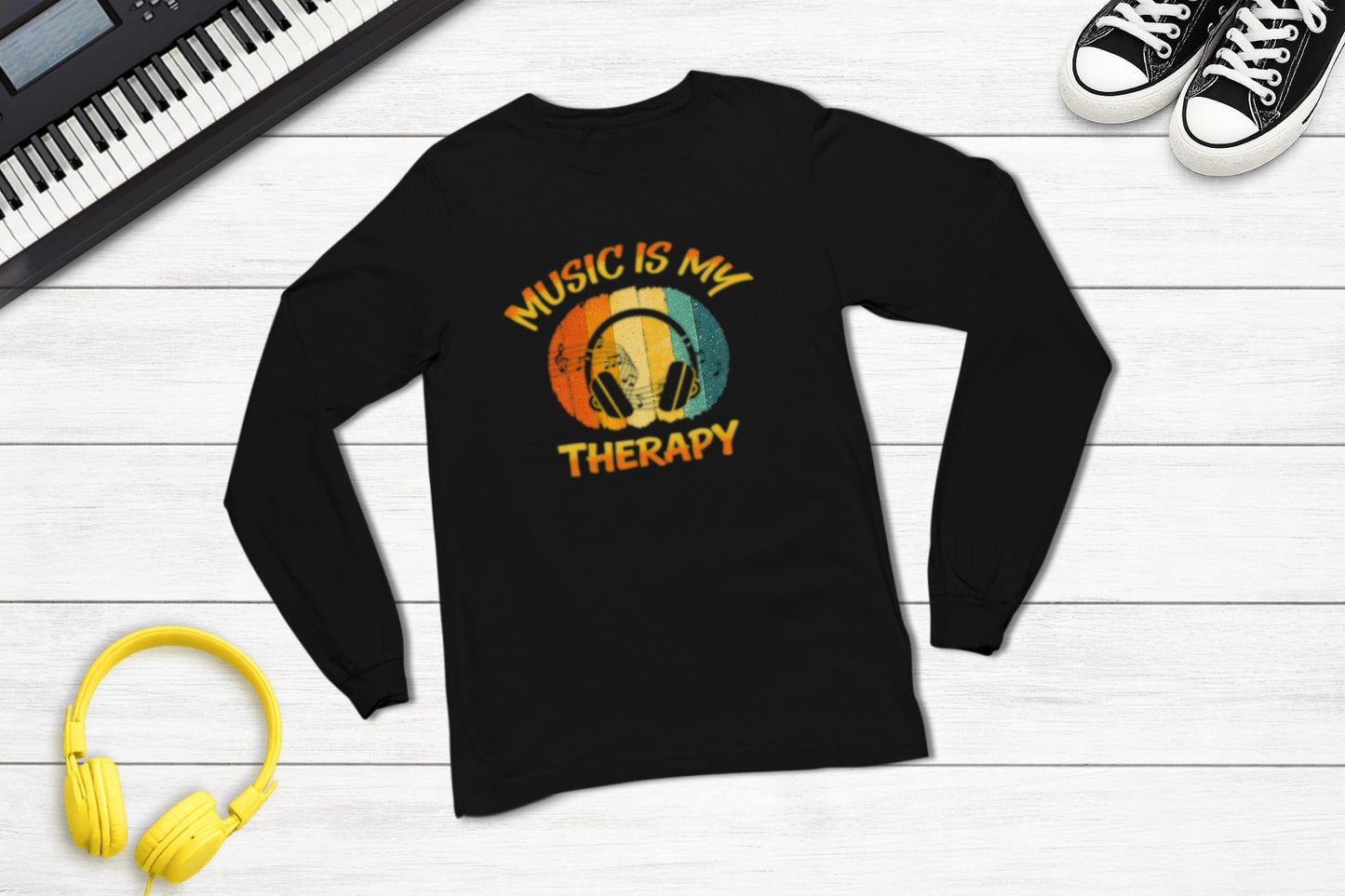 Music Is My Therapy Retro Sunset long sleeve music tee — lifestyle photo