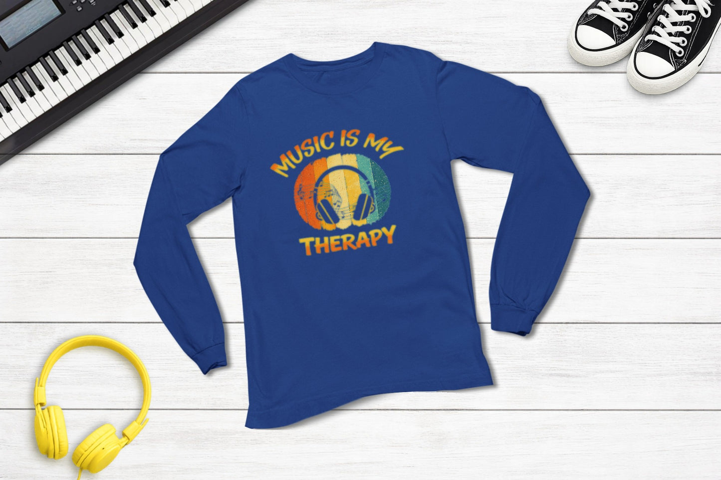 Music Is My Therapy Retro Sunset long sleeve music tee in royal blue