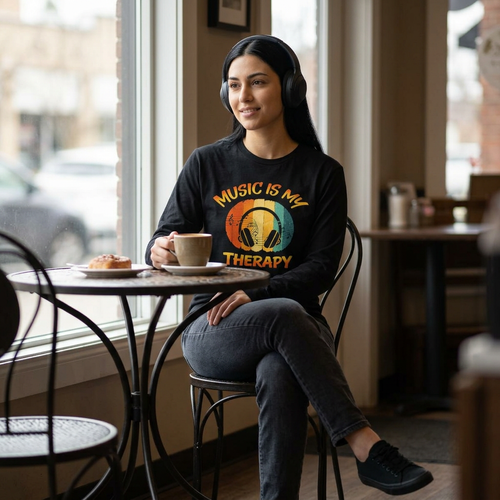 Music Is My Therapy Retro Sunset long sleeve music tee — lifestyle photo
