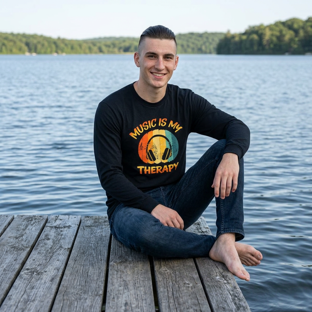 Music Is My Therapy Retro Sunset long sleeve music tee in black