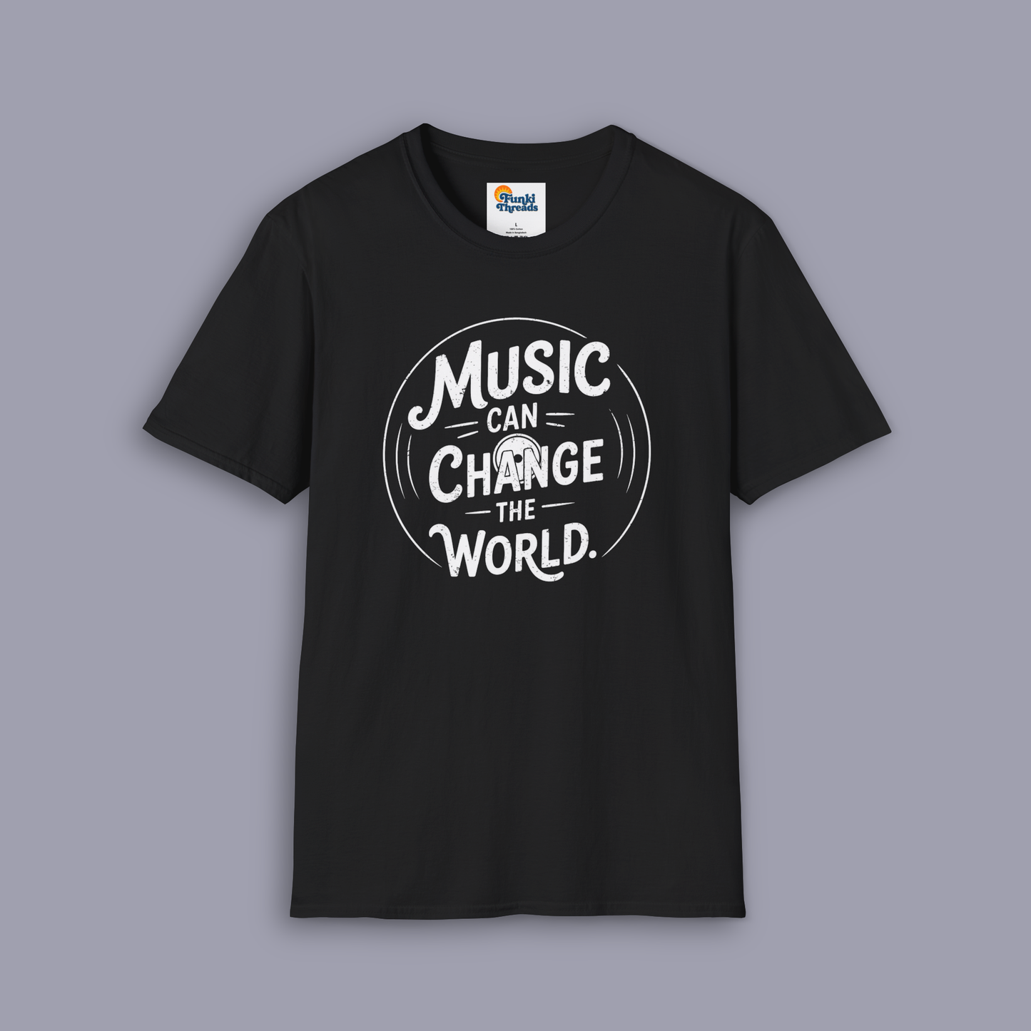 Music Can Change The World music design shown on gray mockup