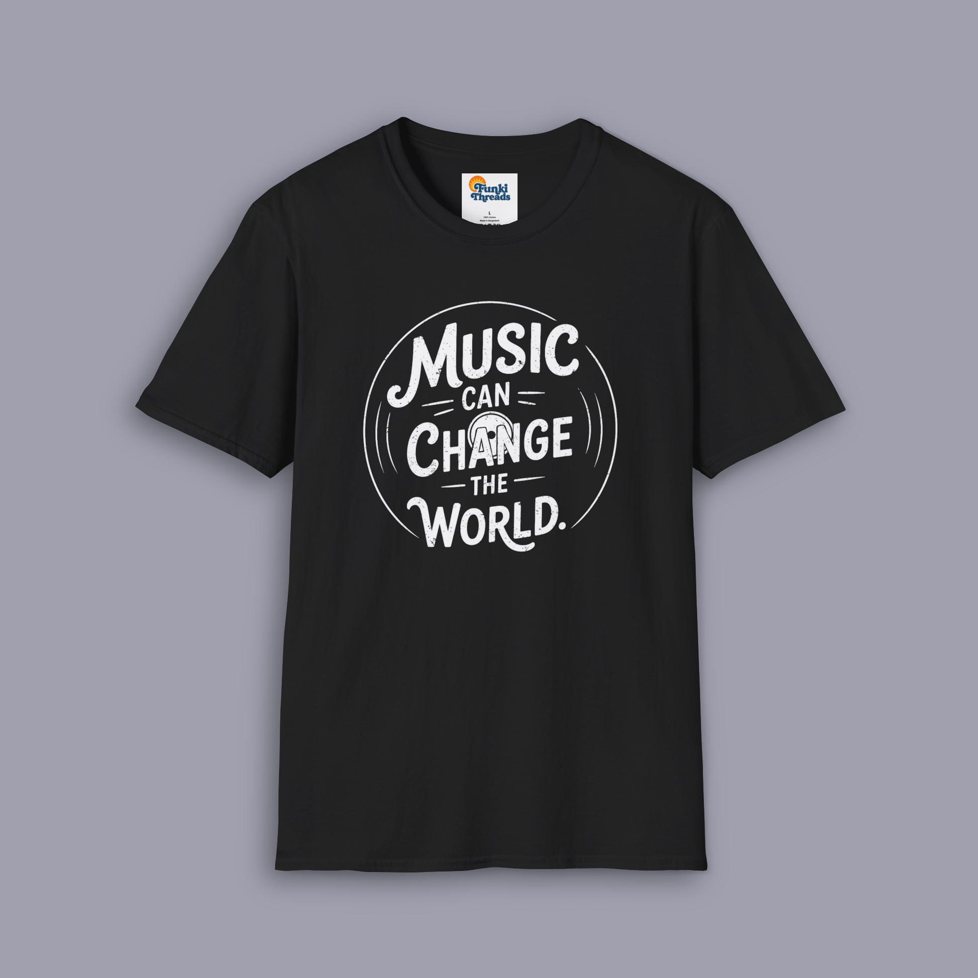 Music Can Change The World music design shown on gray mockup