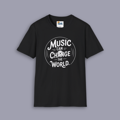 Music Can Change The World music design shown on gray mockup