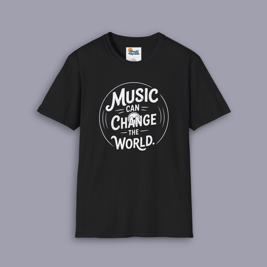 Music Can Change The World music design shown on gray mockup
