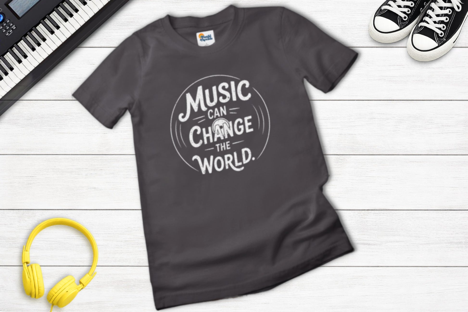 Music Can Change The World inspirational music t-shirt in charcoal