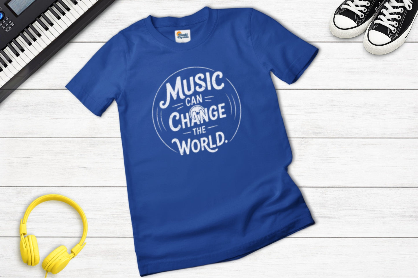 Music Can Change The World inspirational music t-shirt in royal blue