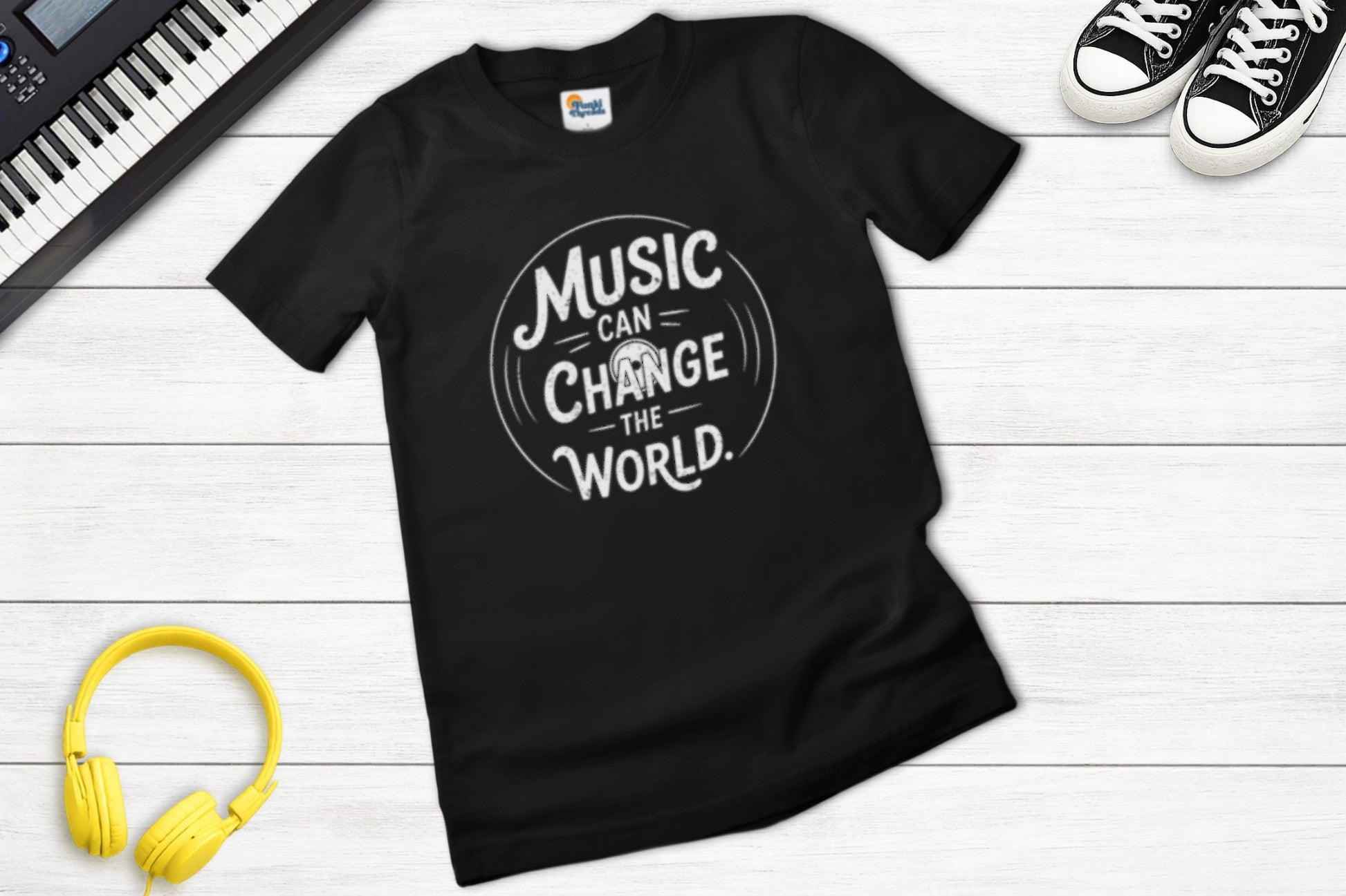 Music Can Change The World inspirational music tee — lifestyle photo