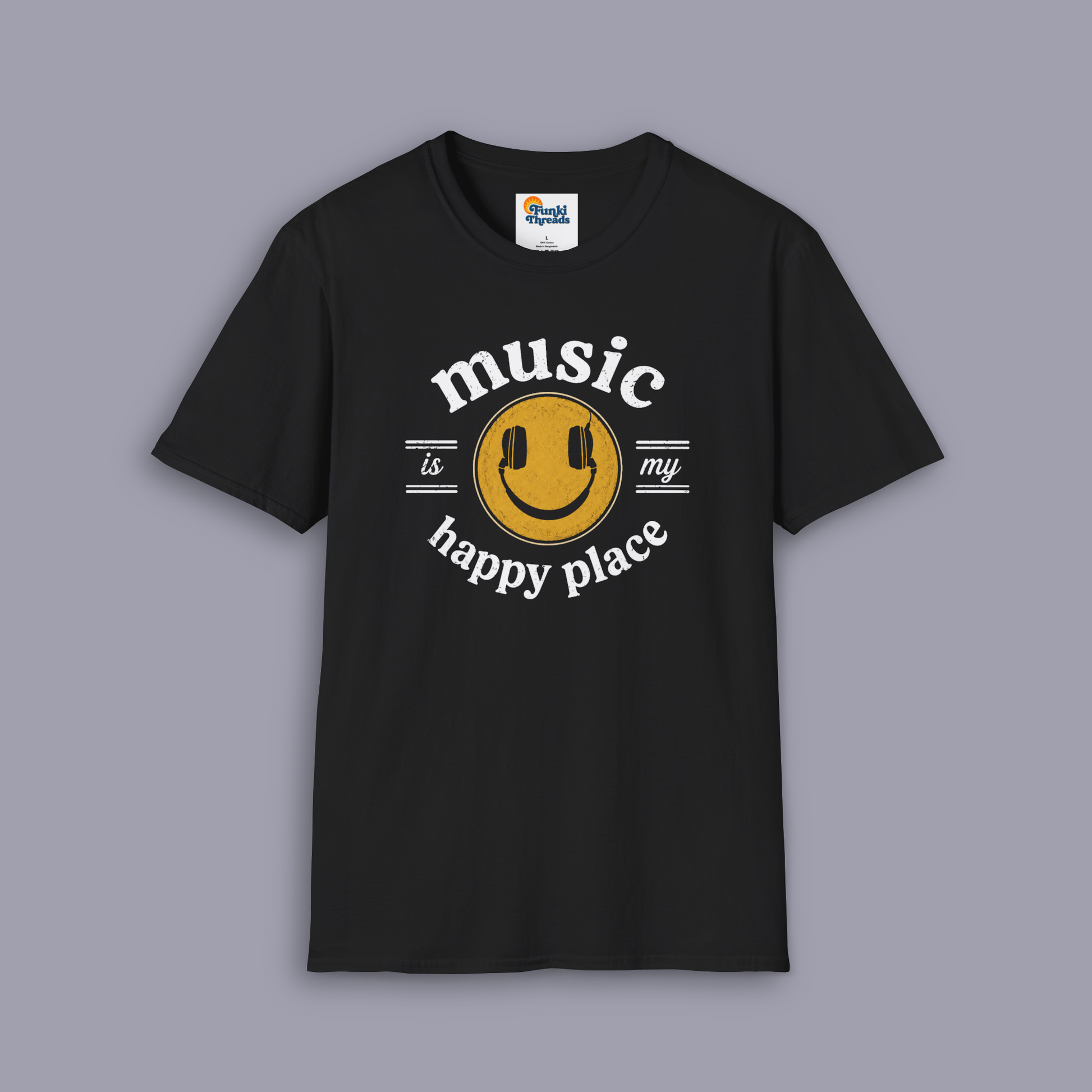 Music Is My Happy Place music tee shown on gray mockup