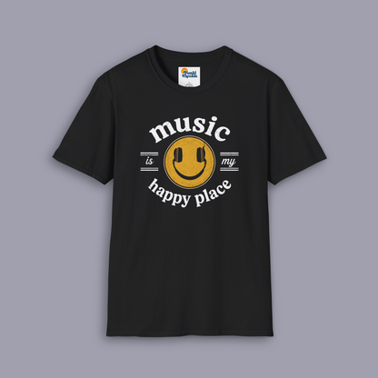 Music Is My Happy Place music tee shown on gray mockup