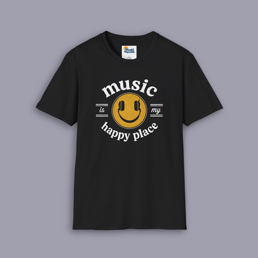 Music Is My Happy Place music tee shown on gray mockup