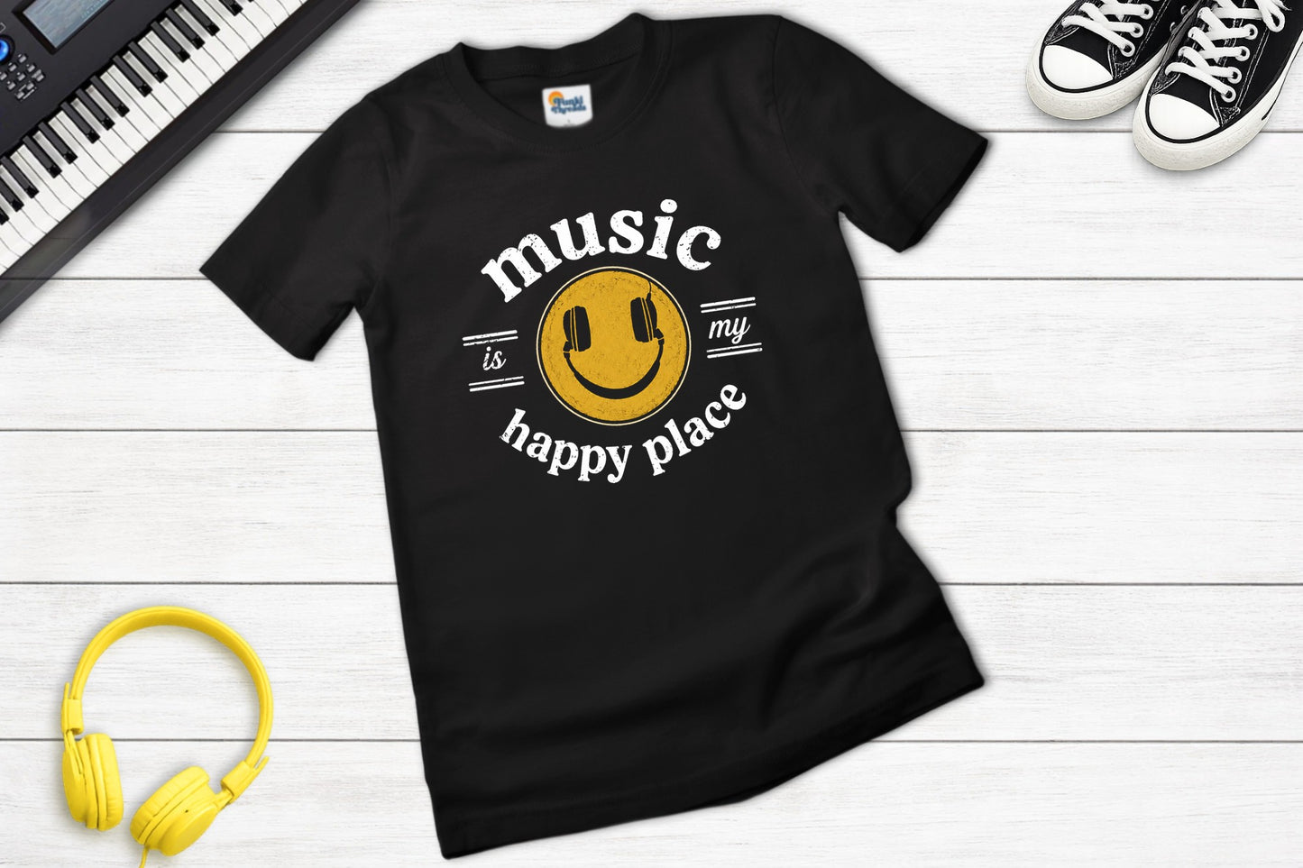 Music Is My Happy Place music tee — lifestyle photo