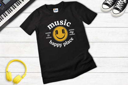 Music Is My Happy Place music tee — lifestyle photo